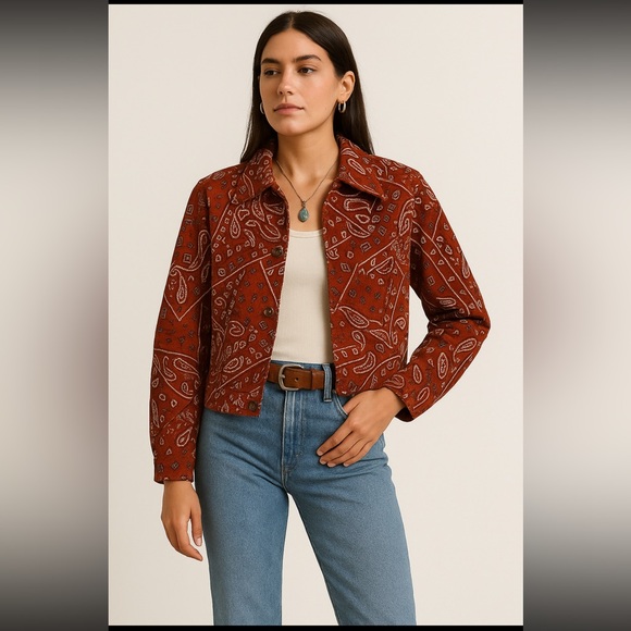 new identity Jackets & Blazers - Rare Retro 90s Bandana Print Jacket Rust Red Western maximalist Rodeo small